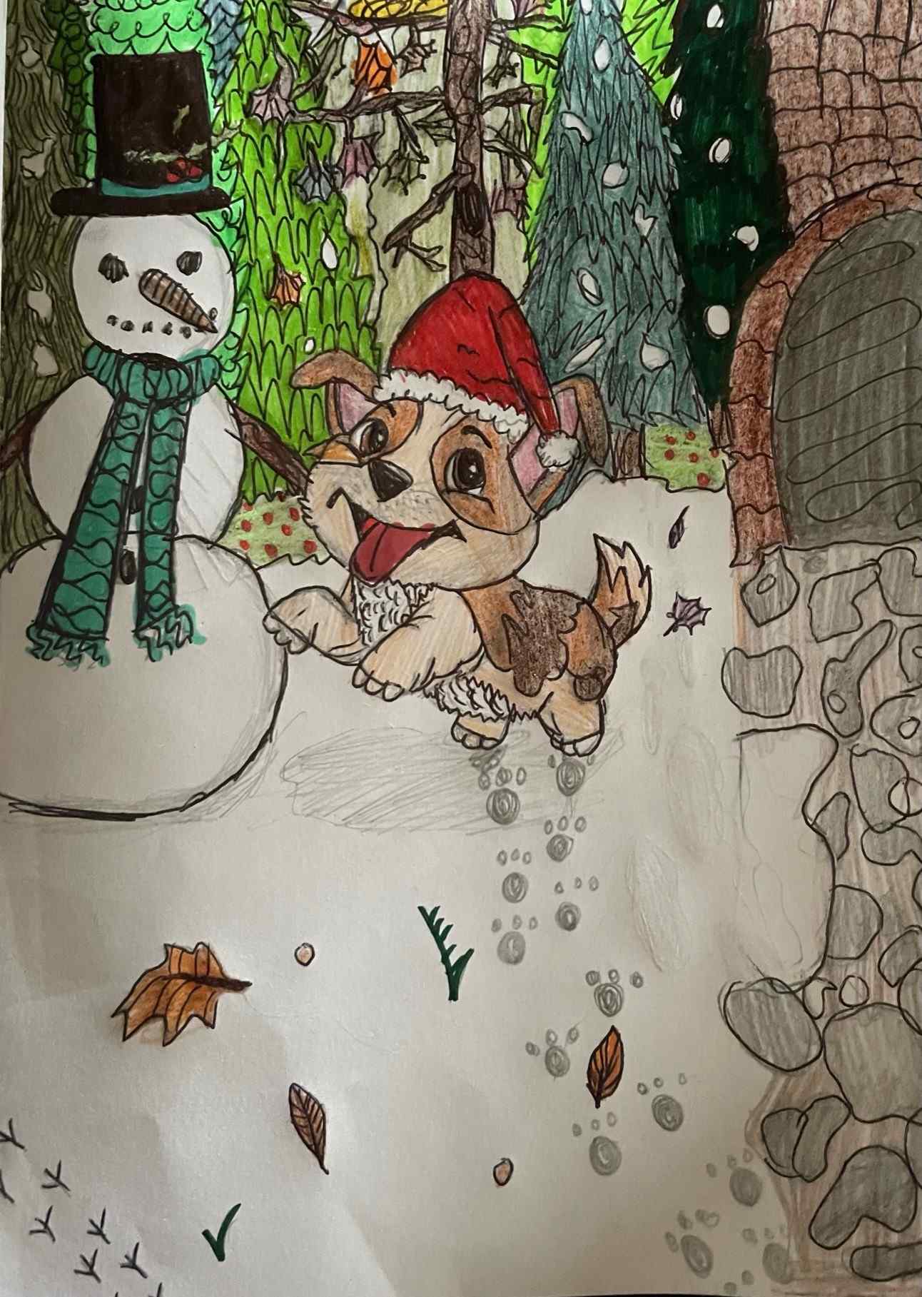 picture of a dog and a snowman drawn by competition entrant